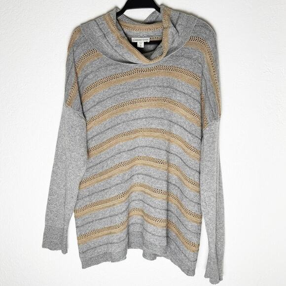 Coldwater Creek Women's Cowl Neck Sweater Wool Blend Striped Gray Gold Metallic - Picture 1 of 8